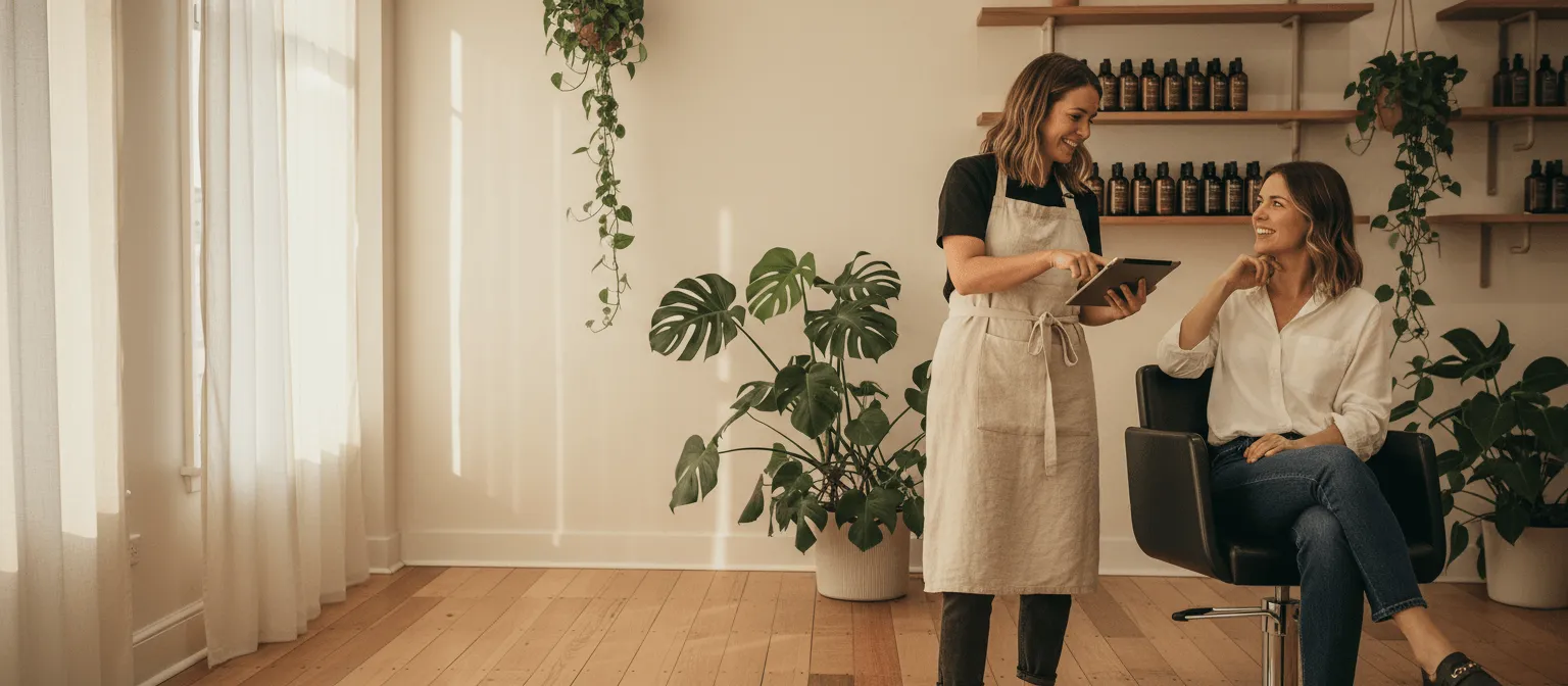 A stylist and client in a sunlit, plant-filled Melbourne salon