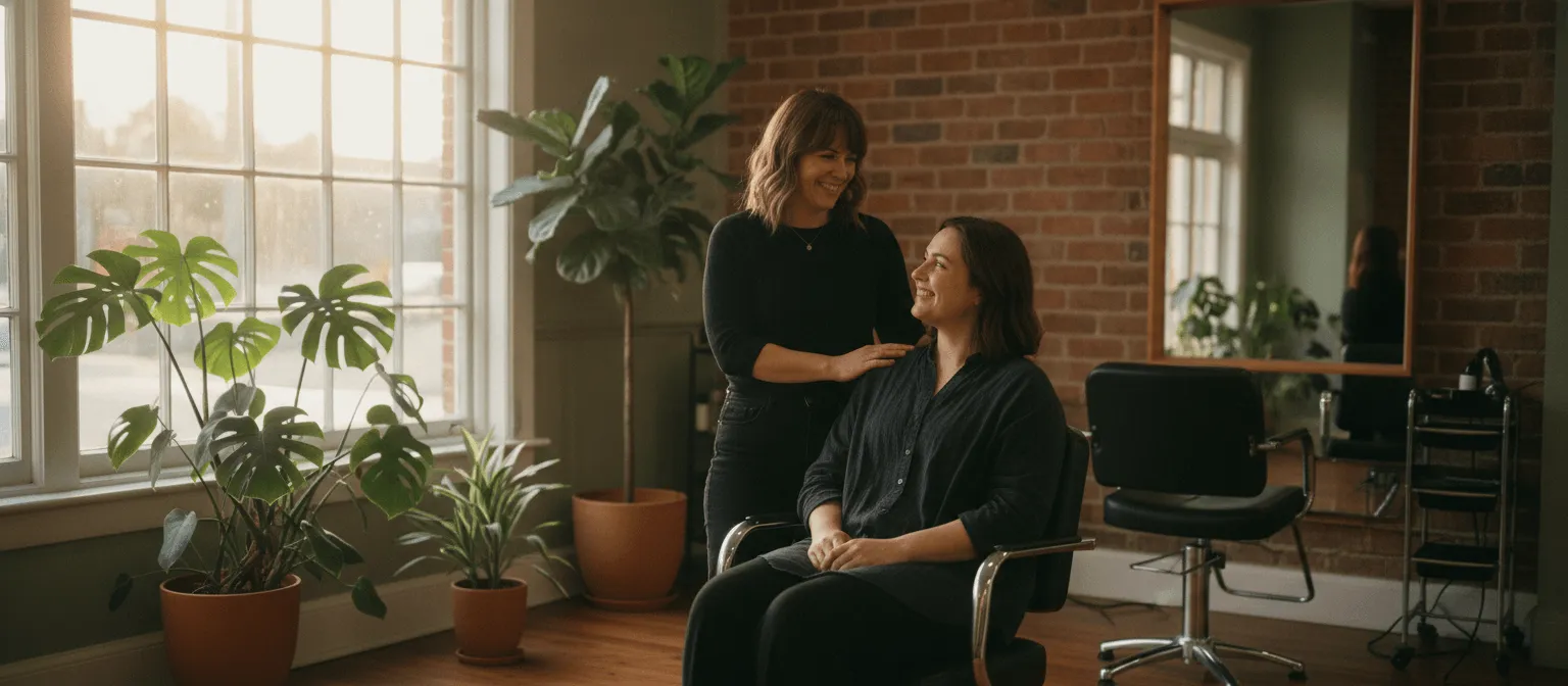 A salon owner styling a smiling client by a sunlit window in a plant-filled Melbourne salon